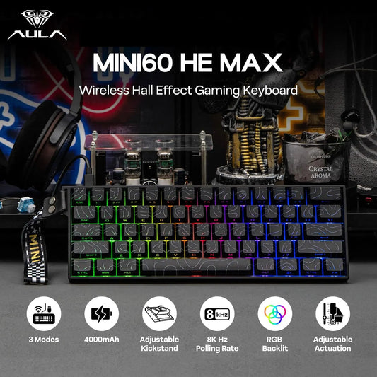 AULA Mini60 HE/Pro/Max 60% Magnetic Switch Gaming Keyboard RGB Tri Mode Mechanical Keyboard 8000Hz 0.01mm RT for E-Sports Gifts
