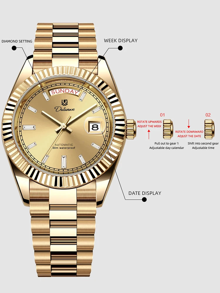 Top Brand Business Men's Watches Luxury Calendar Week Automatic Mechanical Watch for Man Waterproof Gold Stainless Steel