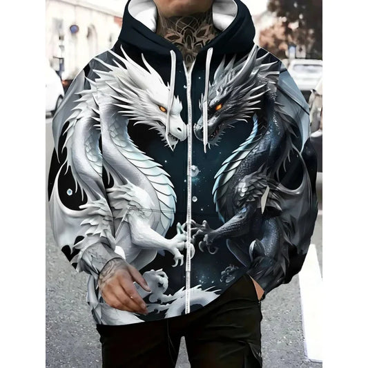 Mens Dragon Print Zipper Hoodie Outdoor Activities Travel Drawstring Long Sleeve Hoodies Autumn Winter Oversize Man Sweatshirts
