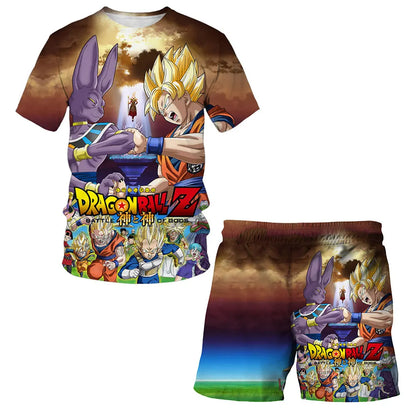 Japanisches Cartoon-Dragon-Ball-Z-T-Shirt, Kinder-Oberteil, T-Shirt- und Shorts-Zweiteiler für den Sommer, Jungen-T-Shirt + Shorts, Strandshorts