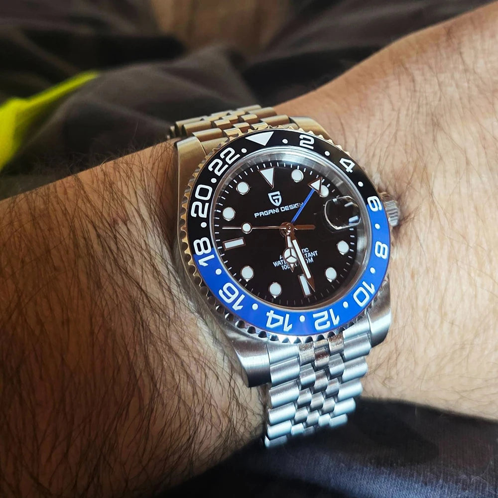 PAGANI DESIGN 40MM GMT Herrenuhr, luxuriöse mechanische Automatikuhr mit Saphirglas AR, Keramiklünette, 100M wasserdicht, Geschenk-Uhr