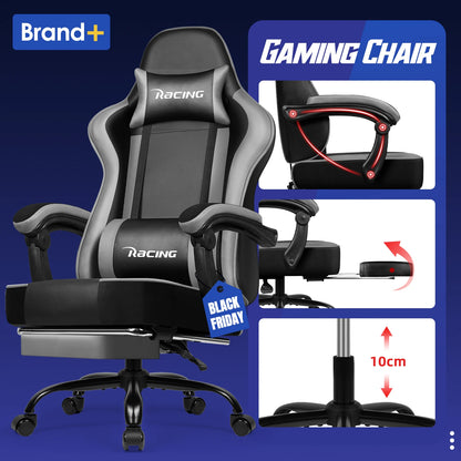 AUTHMIC Ergonomic Gaming Chair with 170° Reclining Backrest, Foldable Footrest, Soft Armrests, Supports150kg,Breathable Material