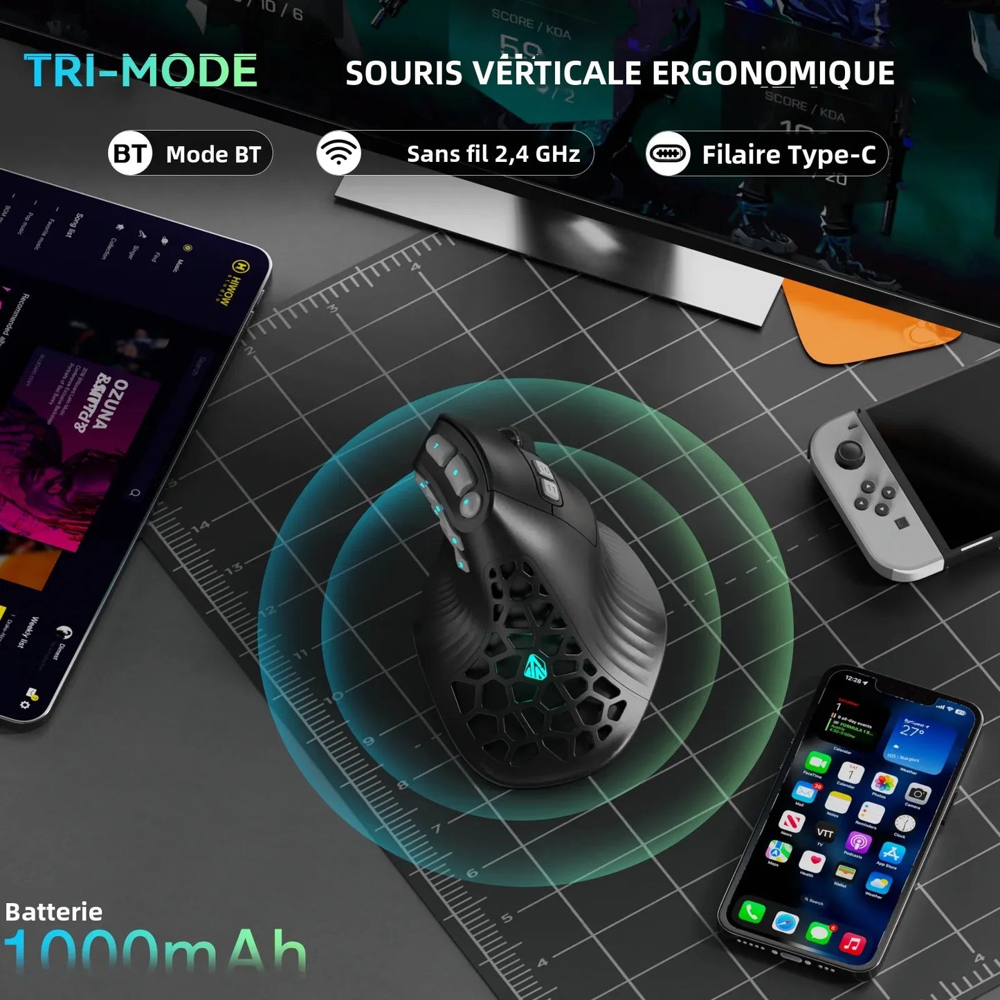 Ratón vertical SOLAKAKA E9 Pro MMO con sensor PAW3395, batería de 1000mAh, agarre vertical de 45°, ratón ergonómico gaming 8k