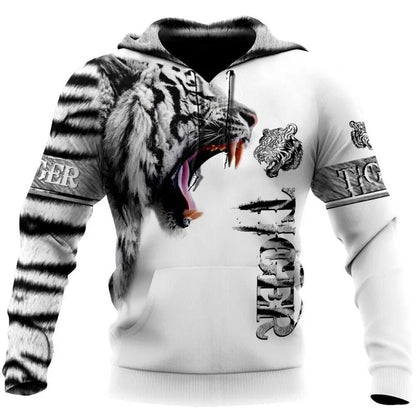 Sweatshirt com Capuz Unissexo de Outono com Estampado 3D Integral de Leão, Lobo e Pele de Tigre Branco para Homem, Pullover Casual Estilo Casaco