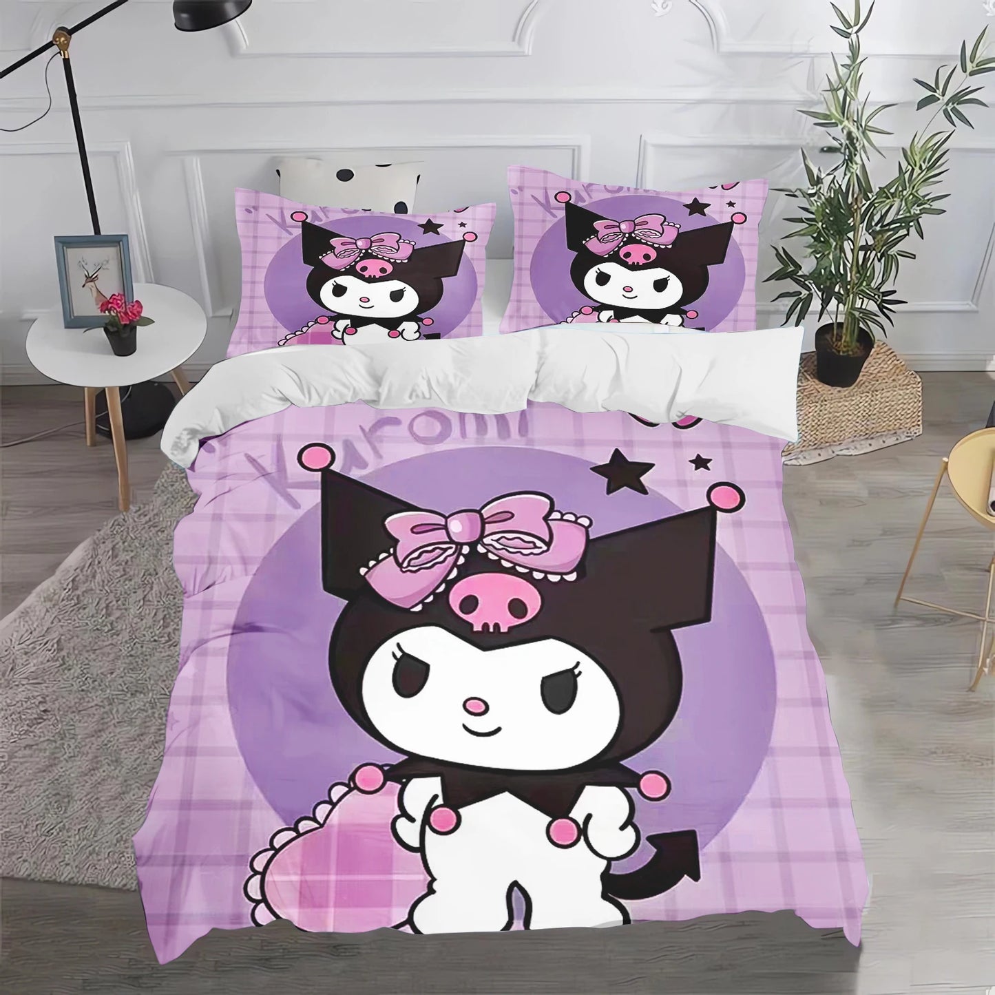 Conjunto de Capa de Edredão e Fronha Kuromi Fofo para Cama, Decoração de Quarto para Adulto, Rapaz e Rapariga, Presente para Crianças, Tamanho Individual, Duplo e Grande