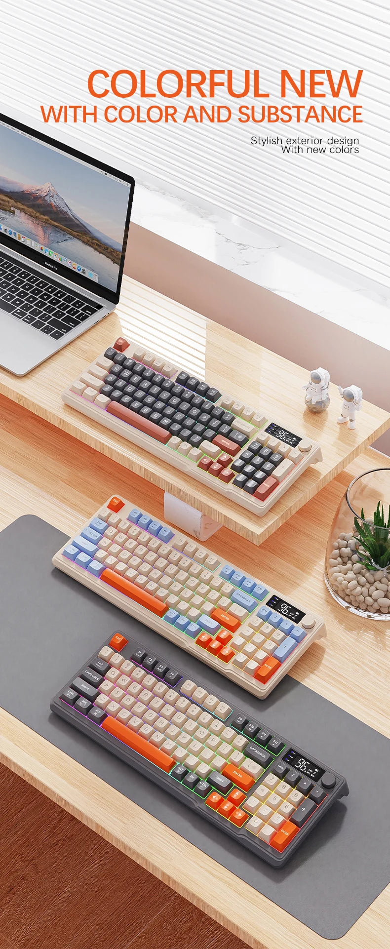 Teclado Sem Fios Bluetooth M96 FREEWOLF com Ecrã Digital, Retroiluminação RGB, Bateria de 2000mAh e Teclas PBT para PC/Portátil
