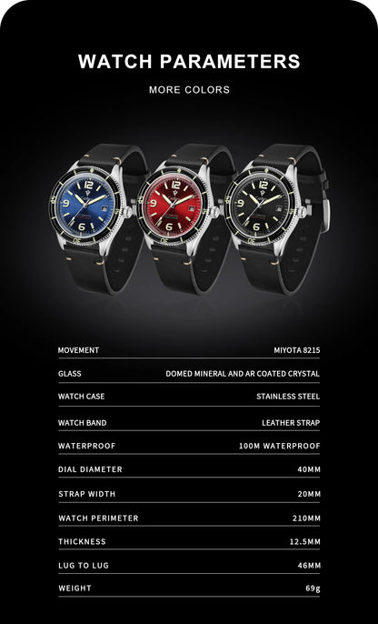 CADISEN 2026 Watch Men Mechanical Wristwatches MIYOTA 8215 Movement Genuine Leather Strap Waterproof Luminous Red Mens Watches
