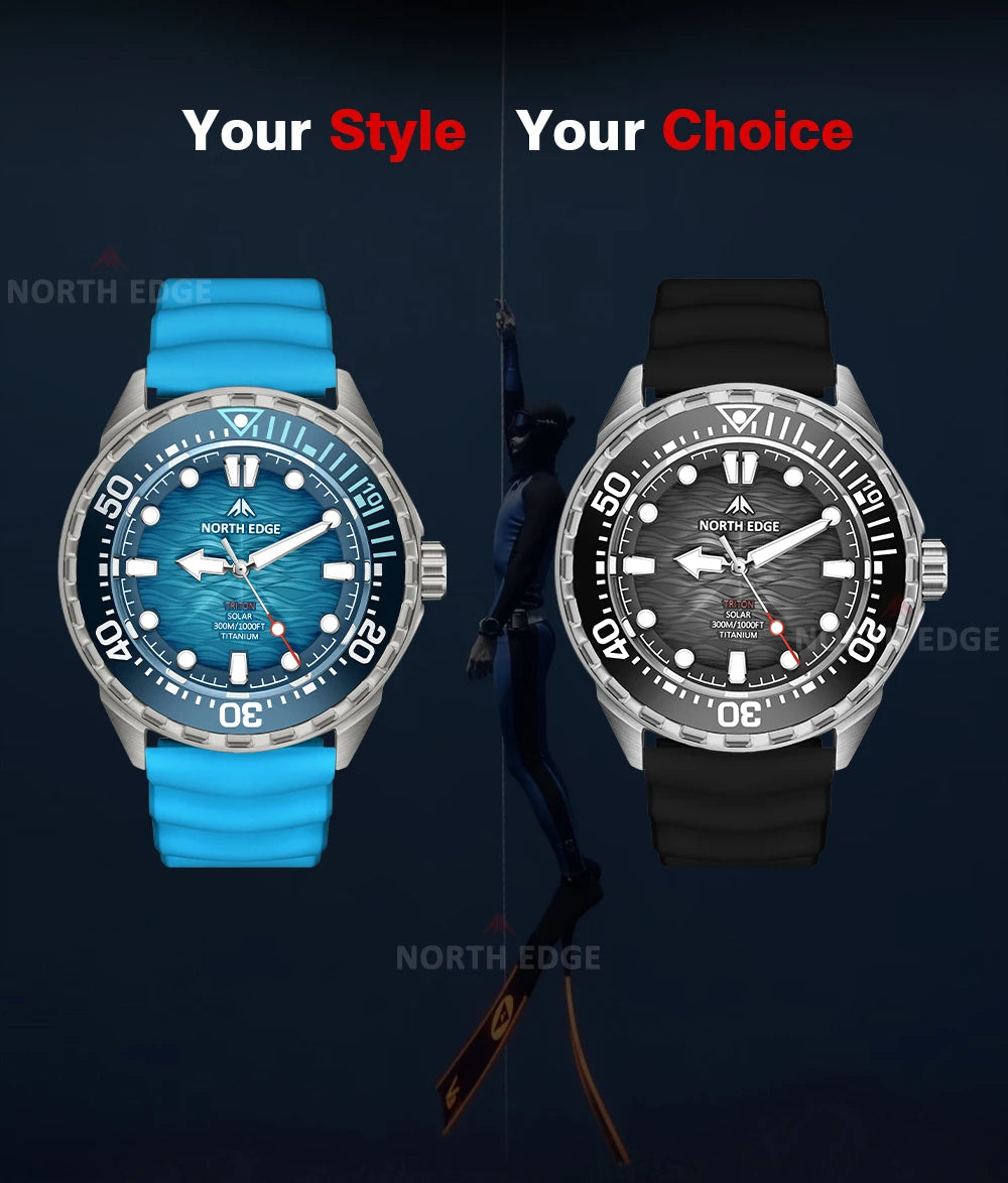NORTH EDGE TRITON-Ti Solar Powered Dive Watch Titanium Alloy Case Men Luxury Quartz Watches For Men Waterproof 300M