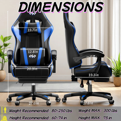 Silla gaming ergonómica, silla de oficina para ordenador con reposapiés y reposacabezas, silla de oficina para adultos con altura y respaldo ajustables