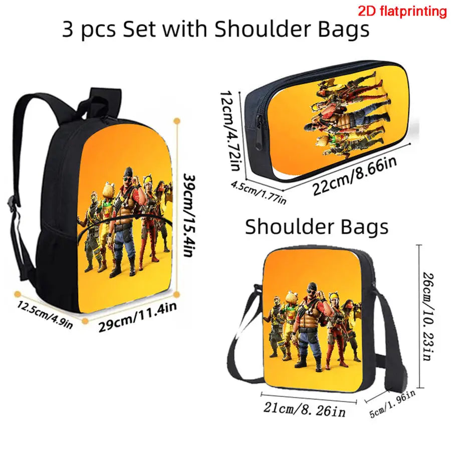 FORTNITE 3-Piece Lightweight Backpack Set with Front Pocket, Crossbody Bag & Pencil Case for Ages 5-9 Boys and Girls, Includes Free 3D Printed Keychain