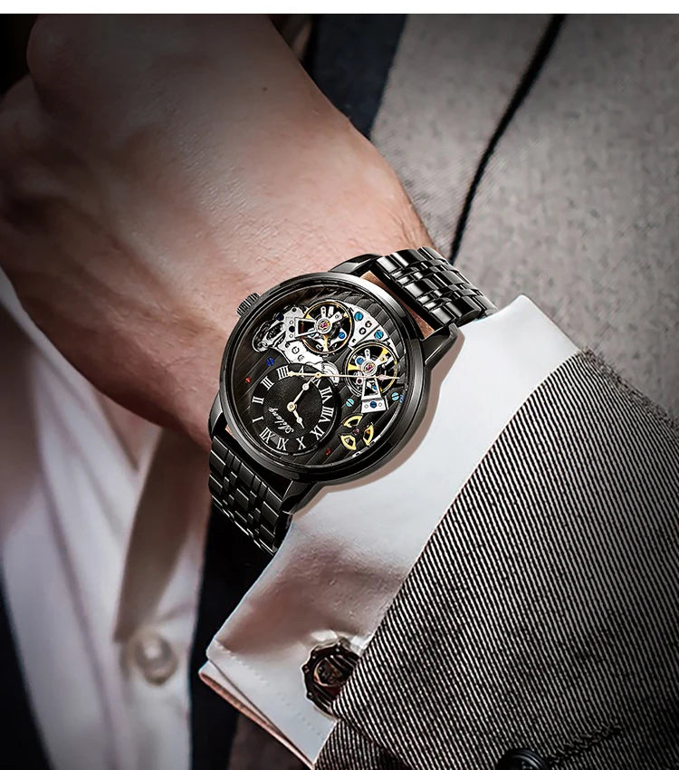 AILANG Top Brand Luxury Watch Men Automatic Luminous Black Clock Men Double Tourbillon Waterproof Mechanical Watch Relogio
