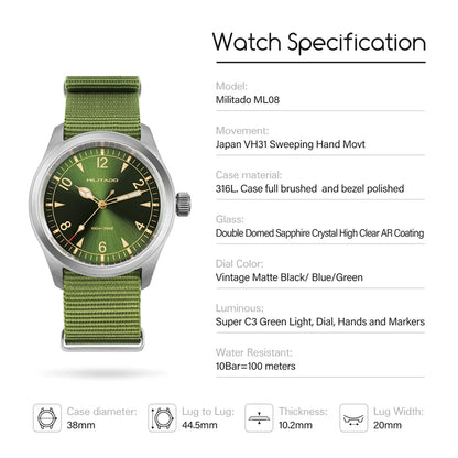 Militado ML08 Men’s Military Field Watch Ronda 515 Quartz, Sapphire Crystal, 10Bar Waterproof & Luminous