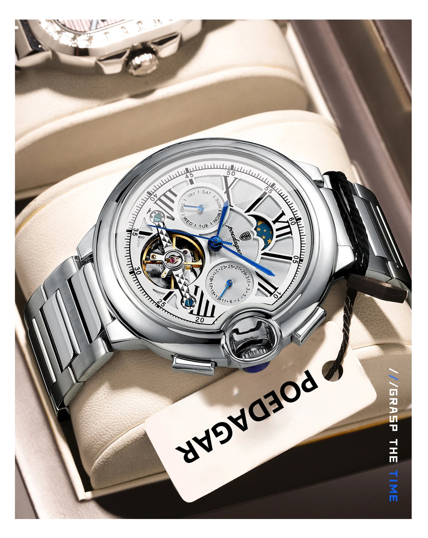 POEDAGAR Luxury Male Watch Tourbillon Date Week Stainless Steel Men Watch Waterproof Automatic Mechanical Military Men's Watches