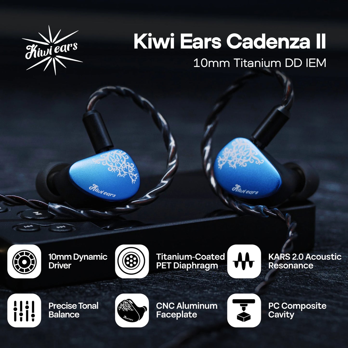 Auricolari HiFi IEM Linsoul Kiwi Ears Cadenza II con driver dinamico in titanio da 10mm, KARS 2.0 e cavo removibile