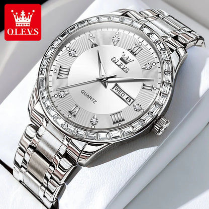Pánské quartzové hodinky OLEVS 9906, čtvercový model zdobený diamanty, náramek z nerezové oceli, vodotěsné, s dvojitým kalendářem; luxusní a originální náramkové hodinky, ideální pro pracovní prostředí.