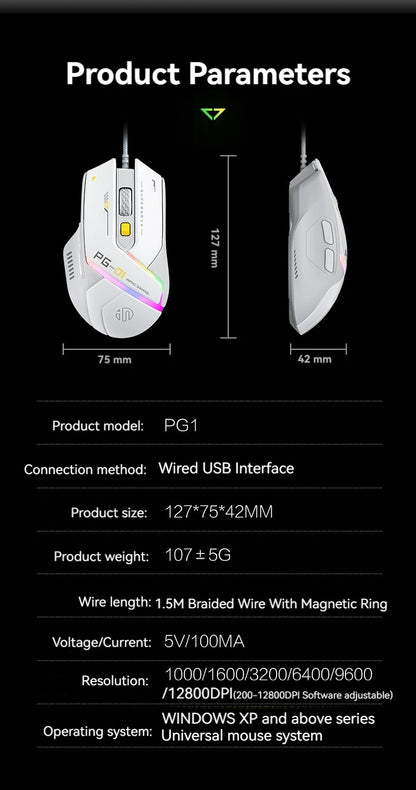 Ratón gaming con cable Inphic Pg1, iluminación RGB, programación de macros, 12800DPI, 6 botones, ratón para ordenador, tasa de sondeo de 1000hz