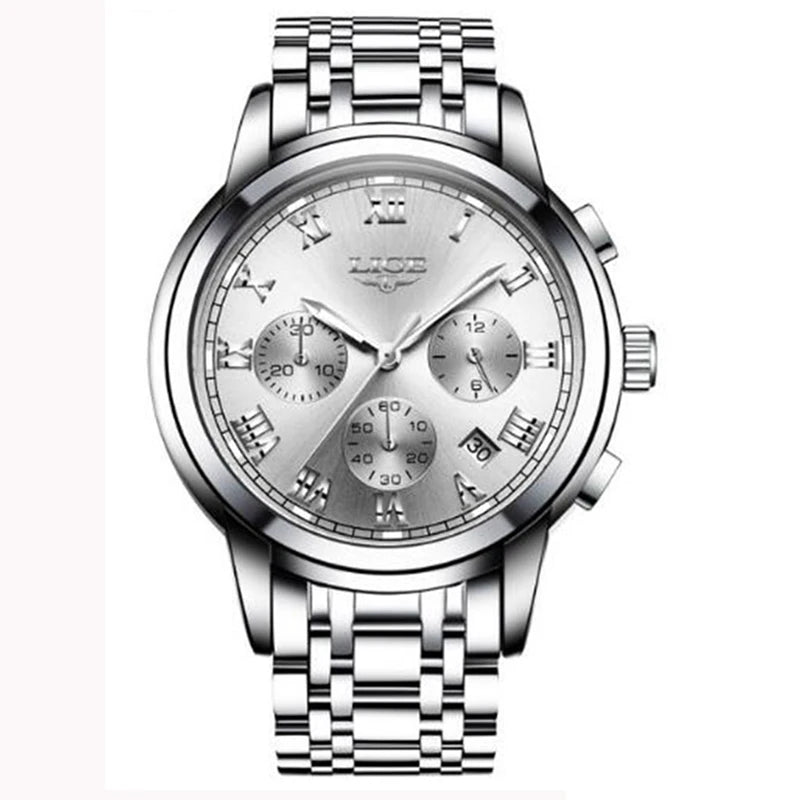 Pánske hodinky LIGE – luxusný chronograf, ležérny športový štýl, vodotesné, celokovové, quartzový strojček