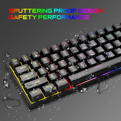 Teclado Gaming com Fio de 104 Teclas com Sensação Mecânica para Portátil e PC, Ergonómico, Retroiluminado RGB, 61 Teclas, Switches Cyan e Keycaps