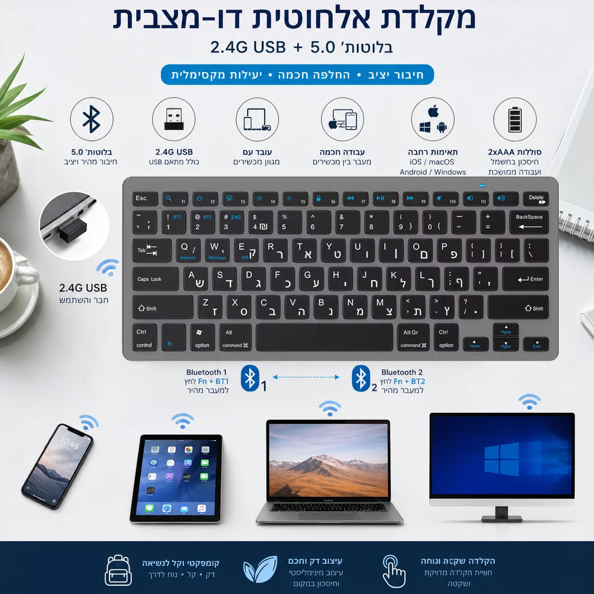 Ultra Slim Hebrew Bluetooth & 2.4G Dual Mode Keyboard Israel Wireless Keyboard Low noise for iOS iPad Android Tablets Windows