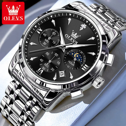 OLEVS 3639 Top Brand Original Luxury New Quartz Watch Stainless Steel Watch For Men Waterproof Luminous Moon Phase Mens Watch