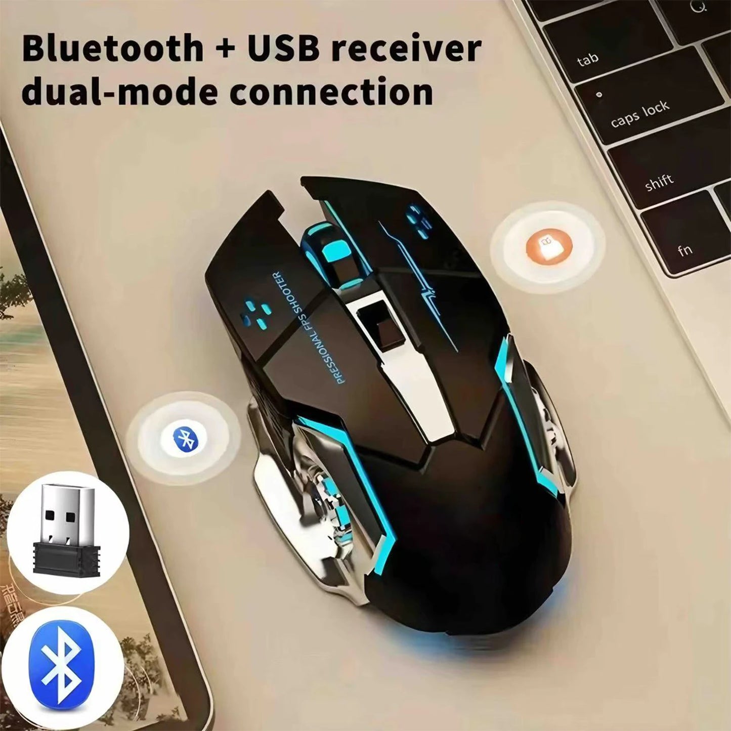 Bluetooth herní myš k počítači, dobíjecí bezdrátová myš USB, mechanická e-sportovní podsvícená myš PC Gamer pro počítač