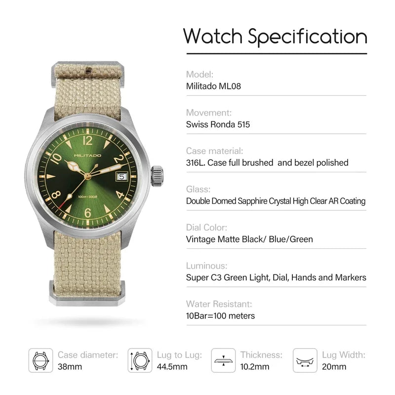 Militado ML08 Men’s Military Field Watch Ronda 515 Quartz, Sapphire Crystal, 10Bar Waterproof & Luminous