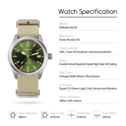 Militado ML08 Men’s Military Field Watch Ronda 515 Quartz, Sapphire Crystal, 10Bar Waterproof & Luminous