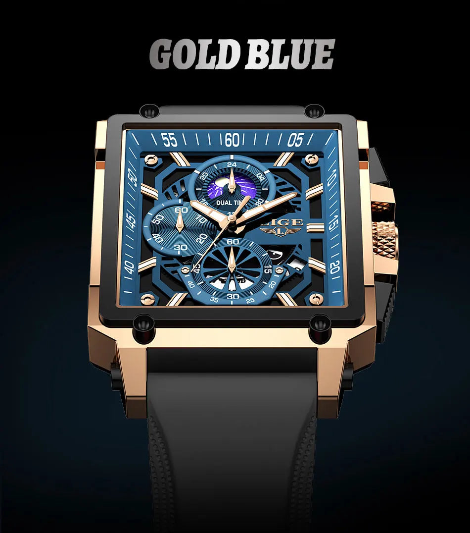 New LIGE Mens Watches Top Brand Luxury Hollow Square Sport Watch For Men Fashion Silicone Strap Waterproof Quartz WristWatch+Box