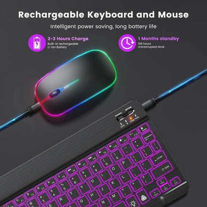 Mini-RGB-Tastatur mit Hintergrundbeleuchtung, 10 Zoll, Bluetooth, kabellose Maus, wiederaufladbar, für Spanisch, Russisch, Hebräisch, Koreanisch, Französisch, Arabisch, Portugal