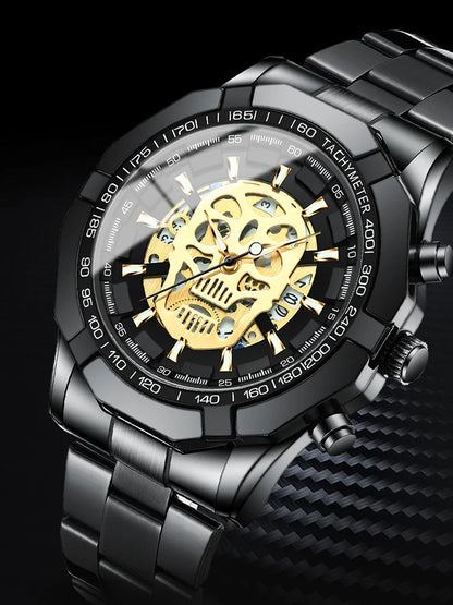 Montre-bracelet BINBOND pour homme, motif crâne squelette, à quartz précis, luxueuse, lumineuse, étanche, avec date automatique, robuste.
