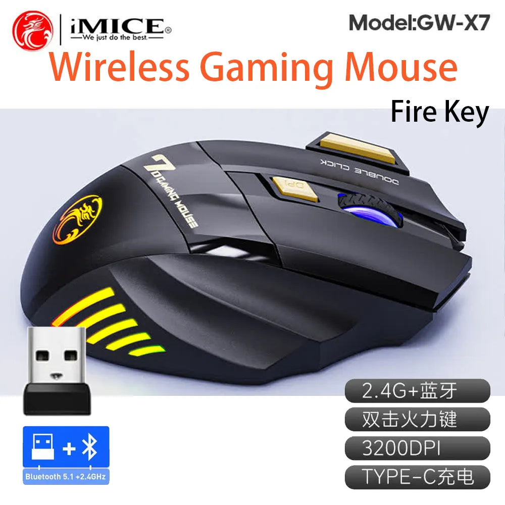 Belaidė Bluetooth pelė, įkraunama kompiuterinė pelė žaidėjams, ergonominė gaming pelė su RGB apšvietimu, tyli pelė PC kompiuteriui