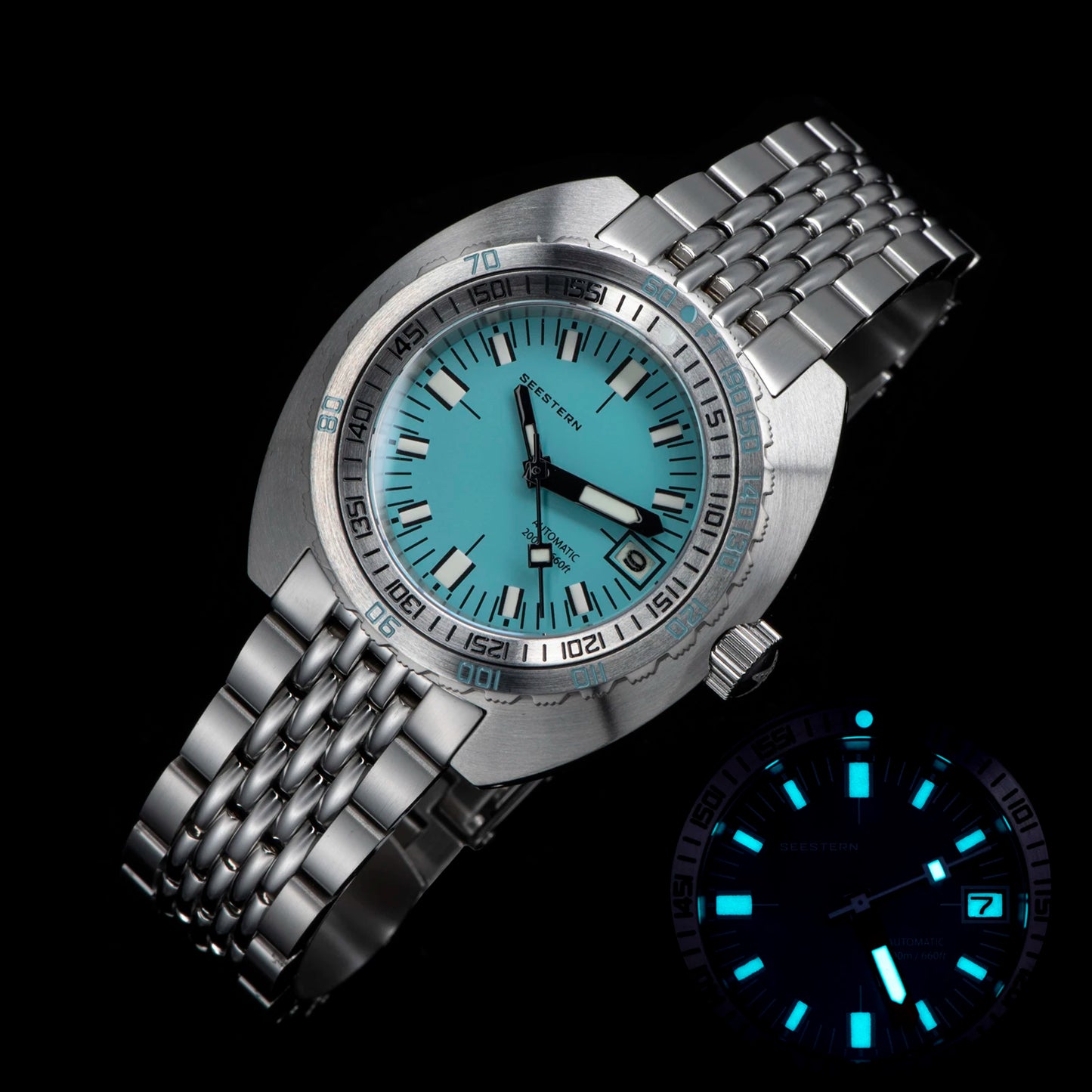 SEESTERN Men Diving Watch Automatic Luminous Date Waterproof Turn Bracelet Wristwatches Retro SUB300T Mechanical Sapphire Glass
