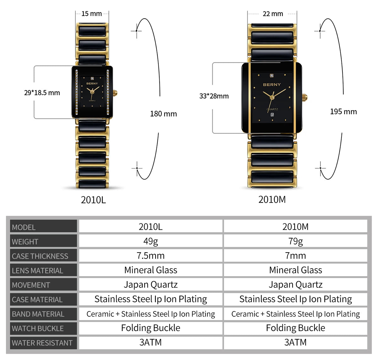 BERNY Ceramic Quartz Men Watch Fashion Luxury Rectangle Wristwatch XV12 Waterproof Calendar Diamon Black Gold Couple Gifts Watch