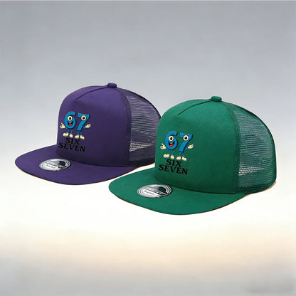 1/2PC Flat Brim Mesh Trucker Hat, Breathable, Cartoon 67 SIX SEVEN Anthropomorphic Print, Retro Streetwear for Men Women