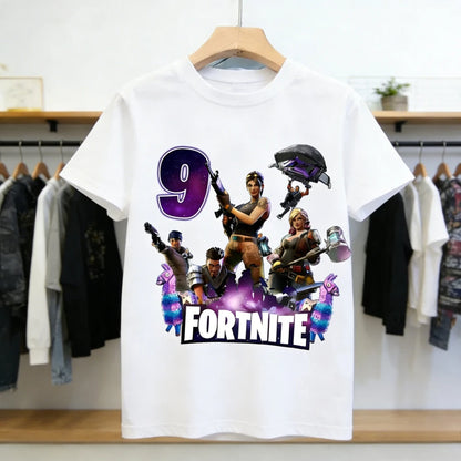 Dziecięca koszulka urodzinowa Fortnites z numerem dla dziewczynek i chłopców, letnia bawełniana koszulka dla niemowląt, imprezowy top z krótkim rękawem, prezent dla malucha