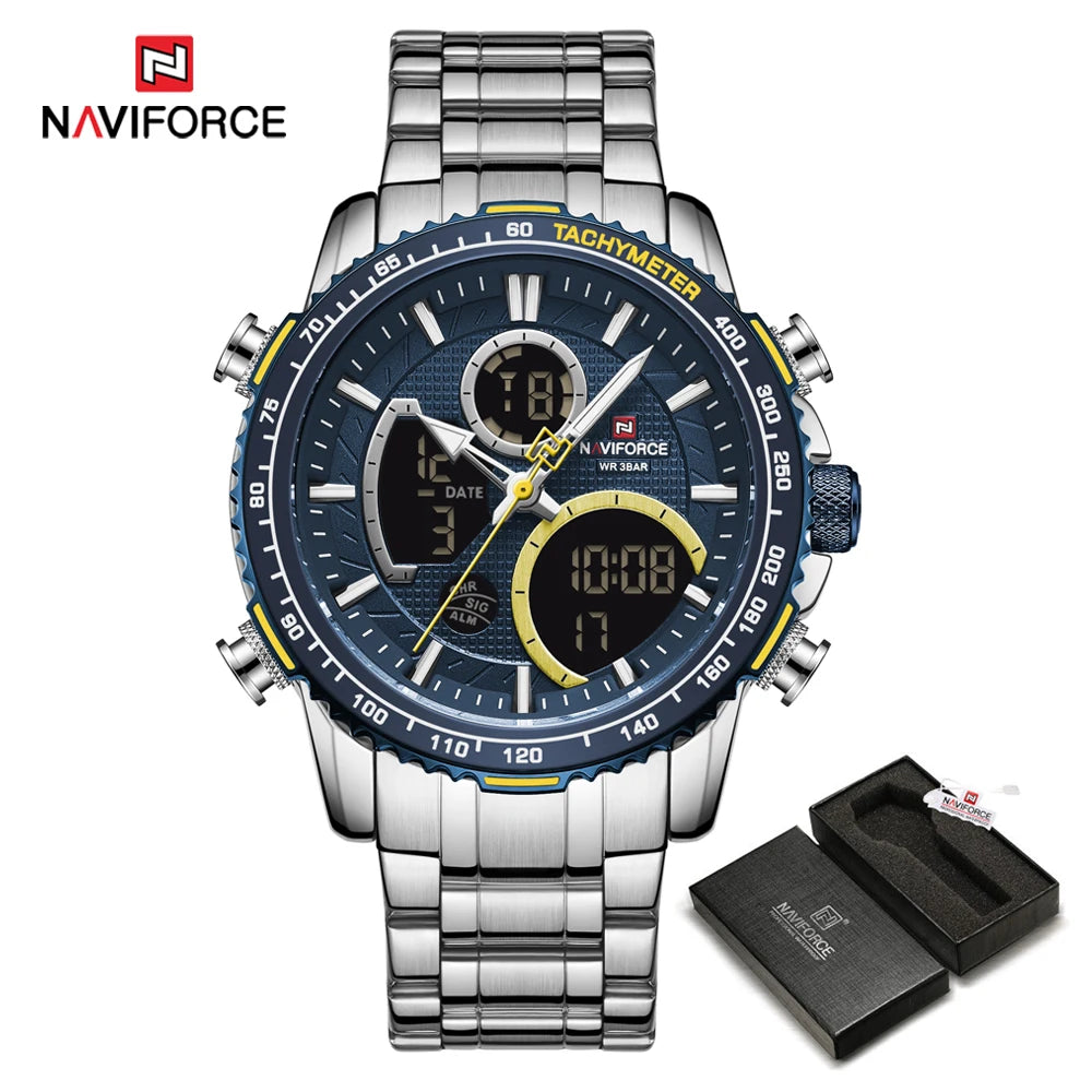 NAVIFORCE Herren-Sportuhr – Originelle Luxus-Armbanduhr aus Edelstahl, wasserdichtes Militärmodell mit doppelter Anzeige