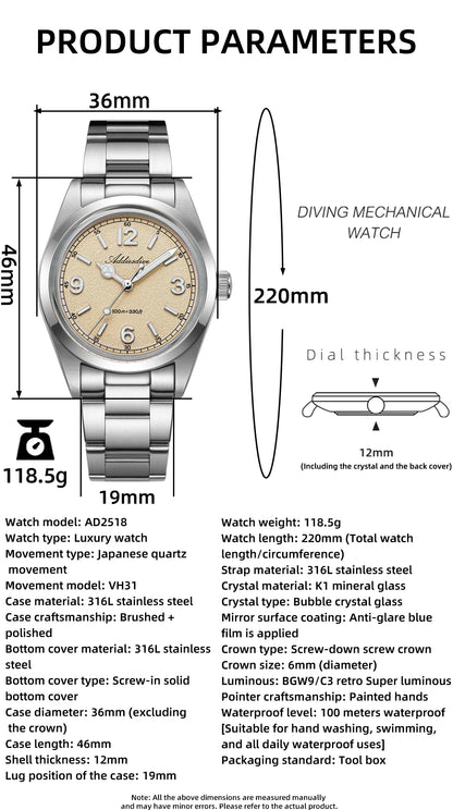 ADDIESDIVE 36mm Hot Sale Men's Watch AD2518 Bubble Mirror Glass 316L Stainless Steel Reloj Hombre 100m Waterproof Quartz Watches