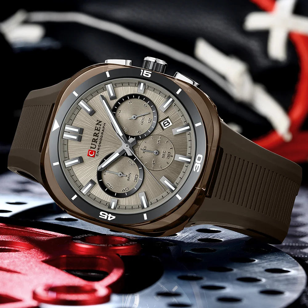Reloj para hombre CURREN: nuevo modelo de lujo con mecanismo de cuarzo, correa de silicona, estilo deportivo, multifunción, resistente al agua, luminiscente, con indicador de fecha y cronómetro.