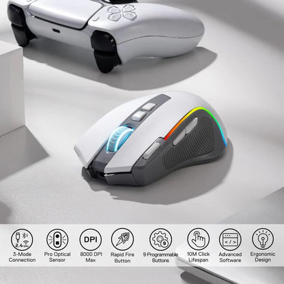 Mouse gaming Redragon M612 PRO RGB BT 2.4G, optic wireless, 8000 DPI, 9 butoane programabile, 7 moduri de iluminare, B