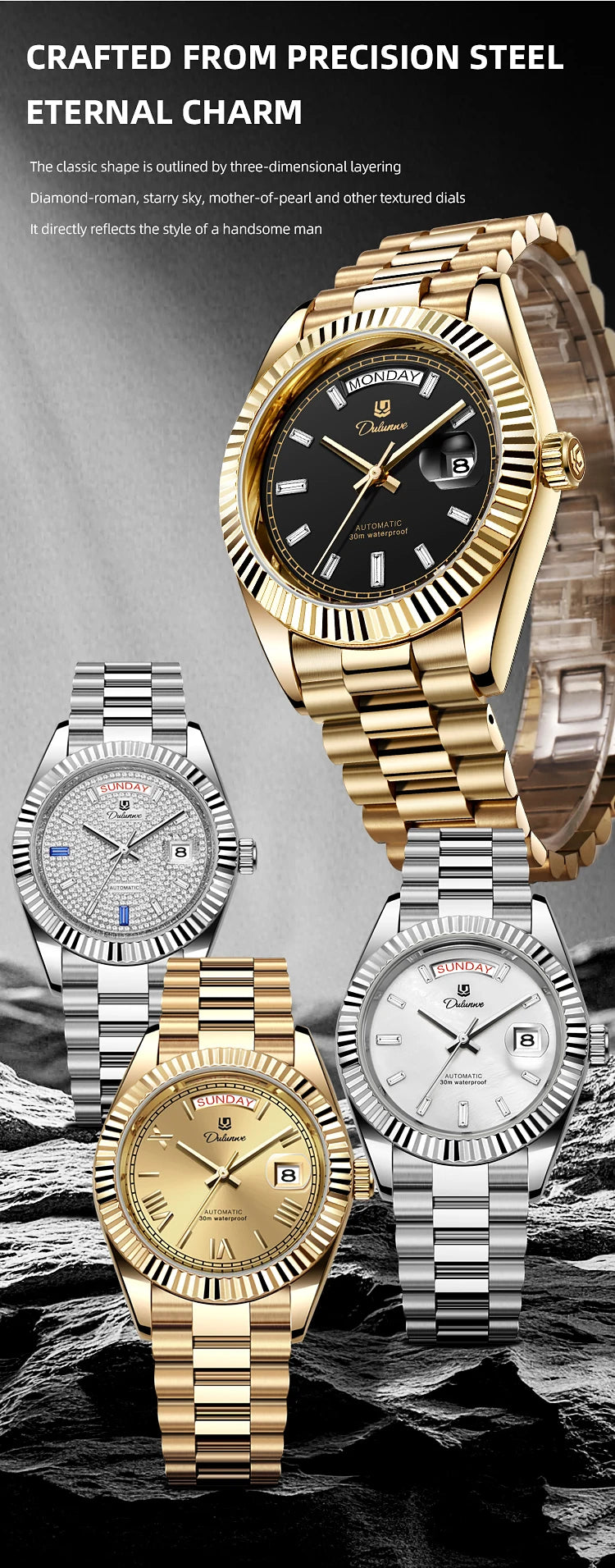 Top Brand Business Men's Watches Luxury Calendar Week Automatic Mechanical Watch for Man Waterproof Gold Stainless Steel