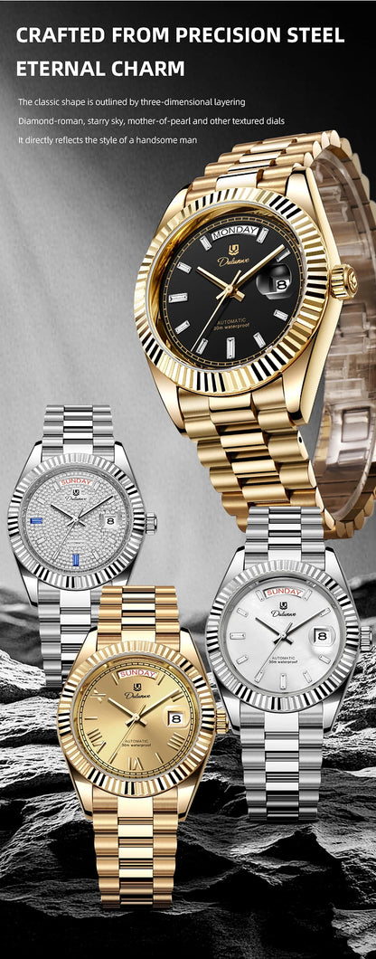 Top Brand Business Men's Watches Luxury Calendar Week Automatic Mechanical Watch for Man Waterproof Gold Stainless Steel