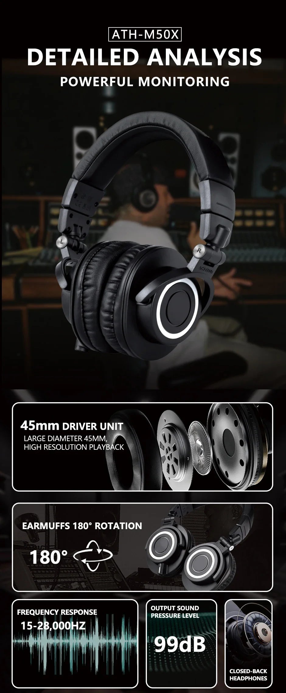 Sanpusen ATH M50X Over-Ear Wired Headphones Professional Monitor Studio Recording Mixing Monitoring HiFi Sound