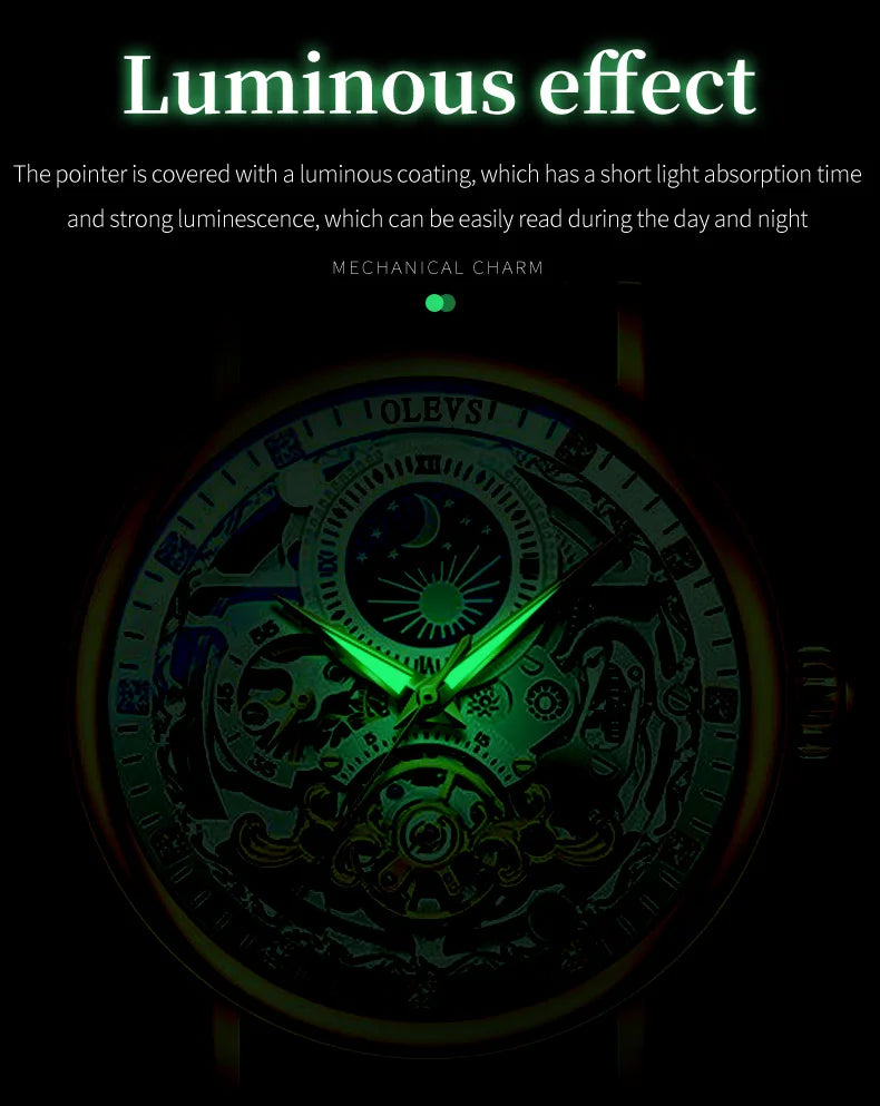 OLEVS Skeleton Watches Mechanical Automatic Watch Men Tourbillon Sport Clock Casual Business Moon Wrist Watch Relojes Hombre