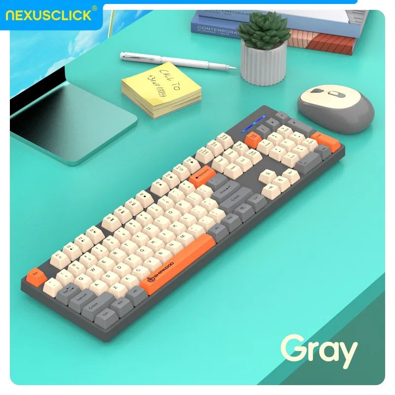 Conjunto Teclado e Rato Sem Fios NexusClick para Gaming e Escritório, Poupança de Energia Inteligente, Tamanho Completo, 104 Teclas, 1600DPI Ajustável, USB para Portátil e PC