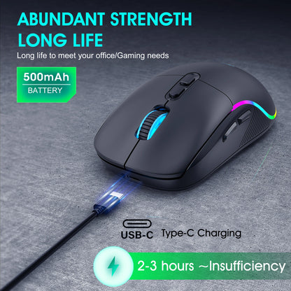 Mouse tri-mode 2.4G wireless/Bluetooth/cablato, DPI regolabile a 6 livelli, batteria da 500mAh, illuminazione RGB, macro per gaming e esports, mouse da ufficio