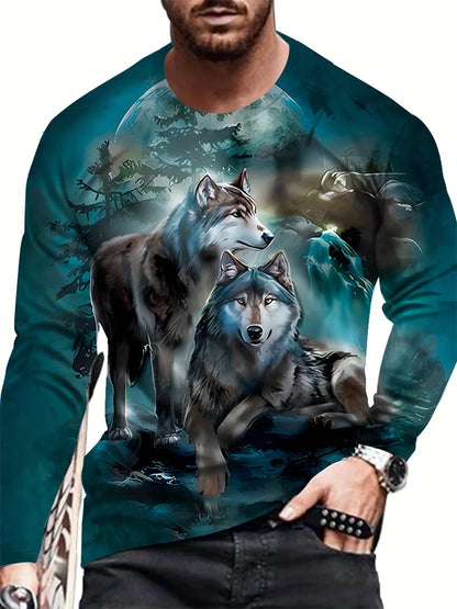 T-shirt de manga comprida para homem com novo estampado de lobo 2024, camisa casual diária de primavera e outono, moda streetwear masculina