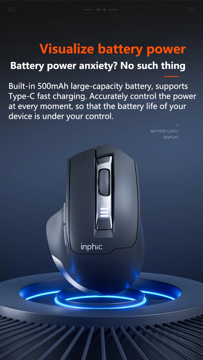 Mouse da ufficio silenzioso INPHIC con display del livello batteria, 2400DPI, wireless, adatto a computer desktop e laptop