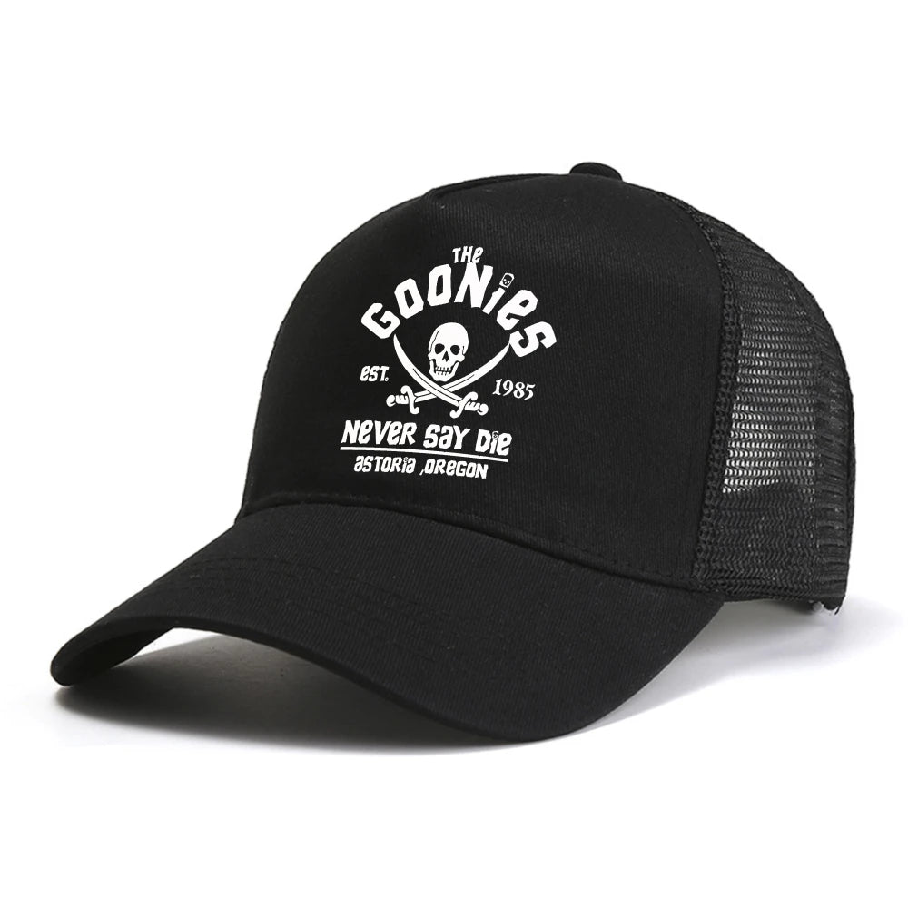The Goonies Est 1985 Never Say Die miesten baseball-lippis, kesäinen verkkokankainen snapback-lippalakki, muodikas hengittävä vapaa-ajan aurinkohattu ulkokäyttöön