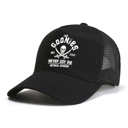 The Goonies Est 1985 Never Say Die miesten baseball-lippis, kesäinen verkkokankainen snapback-lippalakki, muodikas hengittävä vapaa-ajan aurinkohattu ulkokäyttöön
