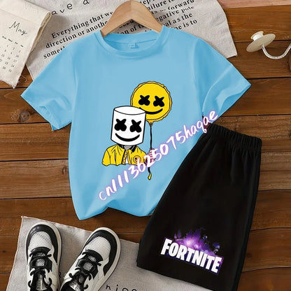 Summer FortnitesT-shirt Shorts for Boys Girl Tee Pants Set 2pcs Children Clothing Tops T-shirts Fortress Night Print Tees Gift